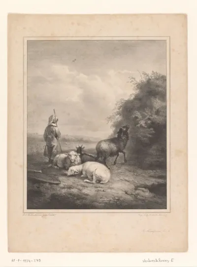 Herder bij vier schapen in een landschap