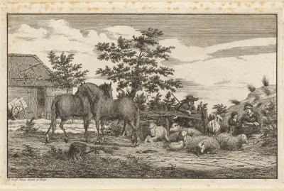 Herder bij zittende vrouw en kinderen bij schapen en twee paarden