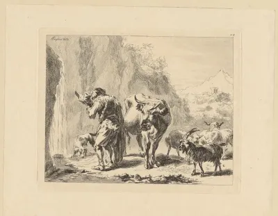 Herder drinkt uit zijn hoed bij een bron