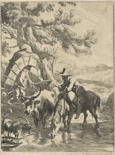 Herder en bepakte jongen bij een beek