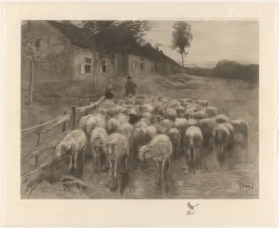 Herder en een vrouw bij een schaapskudde