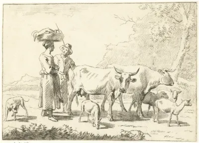 Herder en een vrouw met koeien en schapen