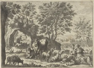 Herder en herderin bij een kudde
