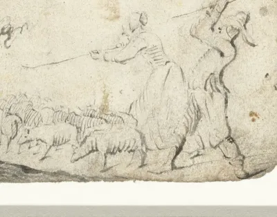 Herder en herderin drijven hun schapen voort