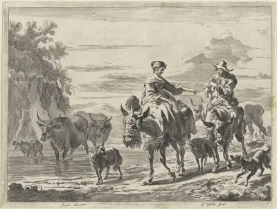 Herder en herderin, elk op een ezel