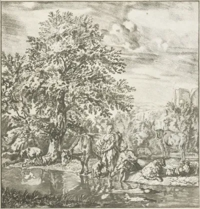 Herder en herderin met kudde bij een rivier