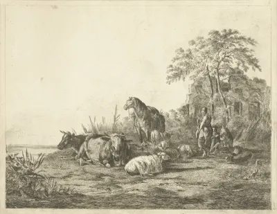Herder en herderin met kudde vee