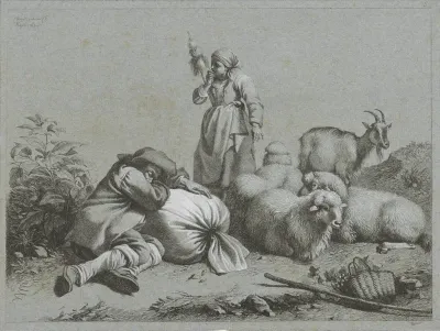 Herder en herderin met schapen en geit