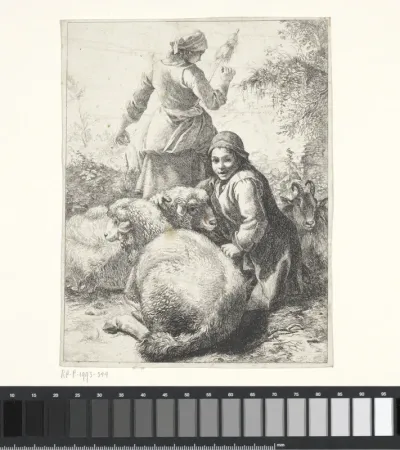 Herder en herderin met twee schapen en een geit