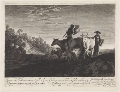 Herder en herderin met vee bij avondlicht