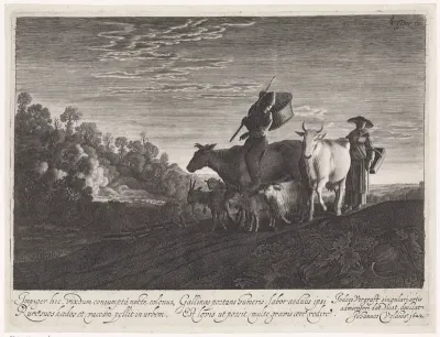 Herder en herderin met vee bij avondlicht