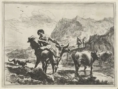 Herder en herderin op een ezel bij een voorde