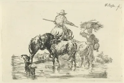 Herder en herderin waden door een beek