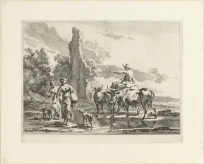 Herder en herderinnen in een voorde