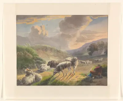 Herder en schapen in een landschap bij zonsondergang