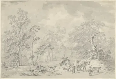 Herder en vee in een boomrijk landschap