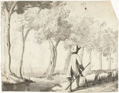 Herder en zijn kudde lopend op een pad langs bomen