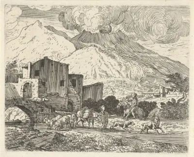 Herder in een landschap met vulkaan