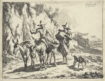 Herder in gesprek met een  jonge herder op een ezel