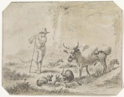 Herder leunend op zijn staf tussen zijn vee