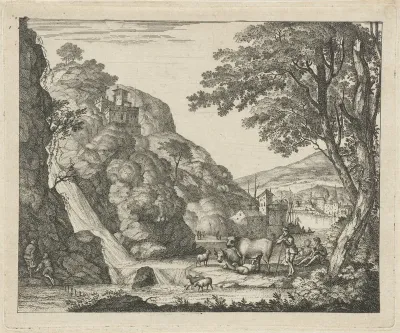 Herder met dieren bij een waterval