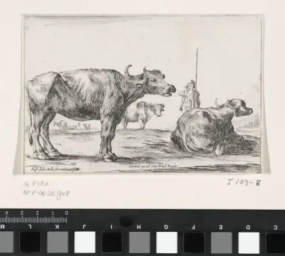 Herder met drie runderen in een landschap