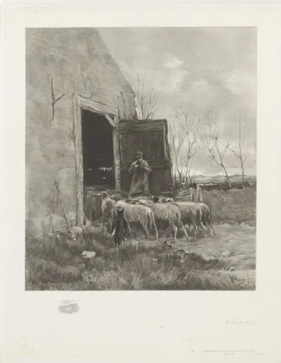 Herder met een kudde schapen bij een schuur