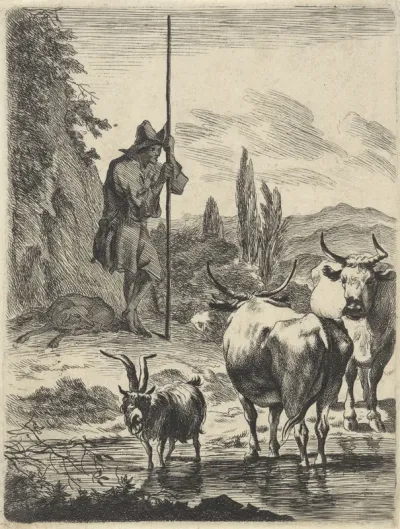 Herder met een lange stok en vee