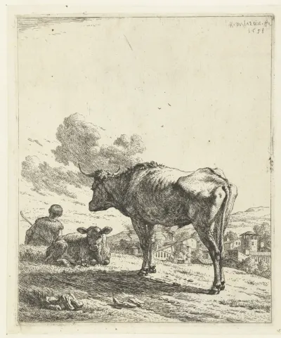 Herder met een os en kalf bij een dorp