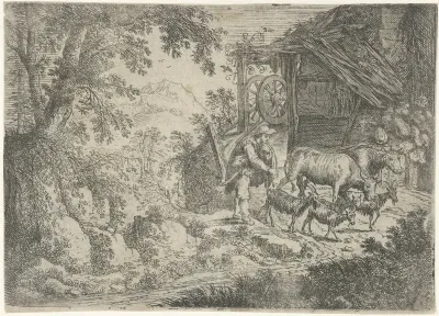 Herder met geiten en koeien