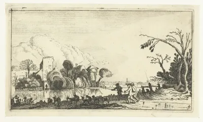 Herder met geiten en schapen bij een rivier