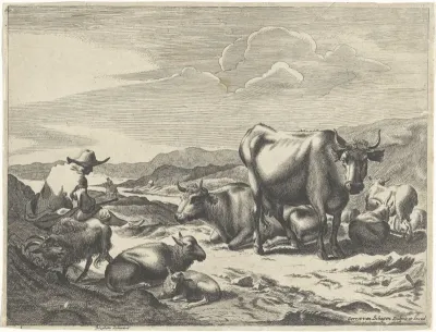 Herder met geiten, schapen en koeien