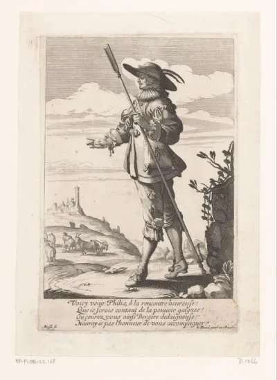 Herder met herdersstaf in een landschap