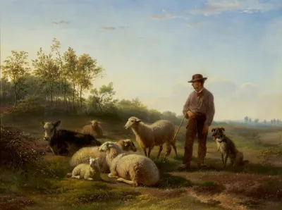 Herder met hond en stok bij zijn kudde
