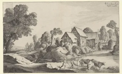 Herder met koeien bij een watermolen