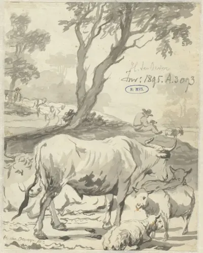 Herder met koeien en schapen onder een boom