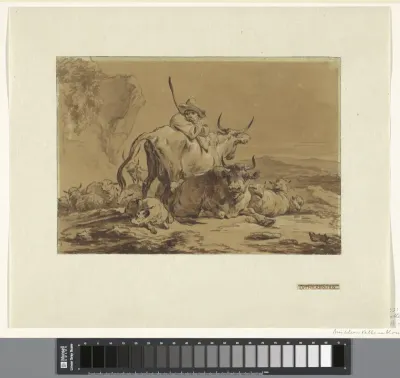 Herder met koeien en schapen