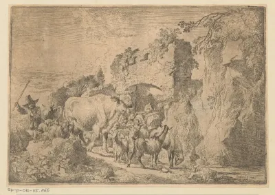 Herder met kudde bij een ruïne