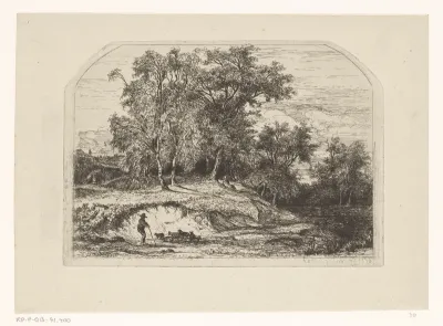 Herder met kudde in een boomrijk landschap