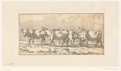 Herder met kudde koeien in de wei