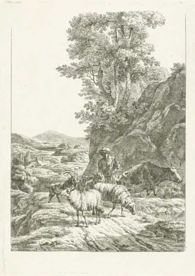 Herder met kudde op bergpad