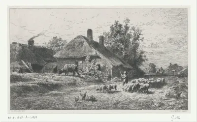 Herder met kudde op een weg langs een boerderij