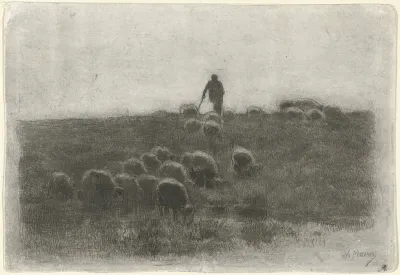 Herder met kudde schapen