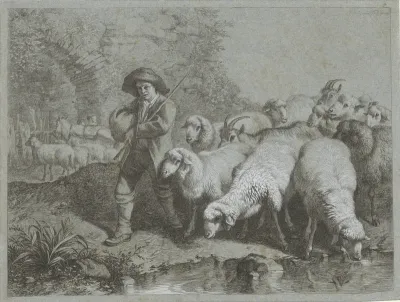 Herder met kudde schapen en geiten
