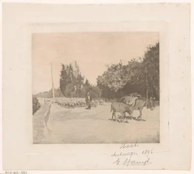 Herder met kudde schapen en twee ezels