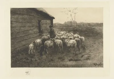 Herder met kudde schapen voor de stal