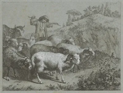 Herder met rammen, geiten en koe