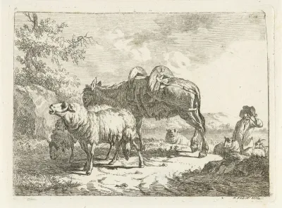Herder met schapen en een ezel