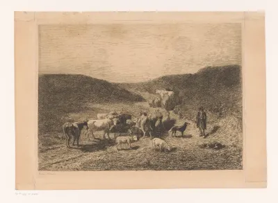 Herder met schapen en koeien