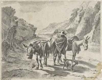 Herder met twee ezels en een hond